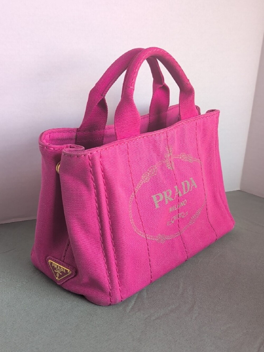 PRADA Pink Canapa Canvas PM Tote With Strap - Picture 3 of 16